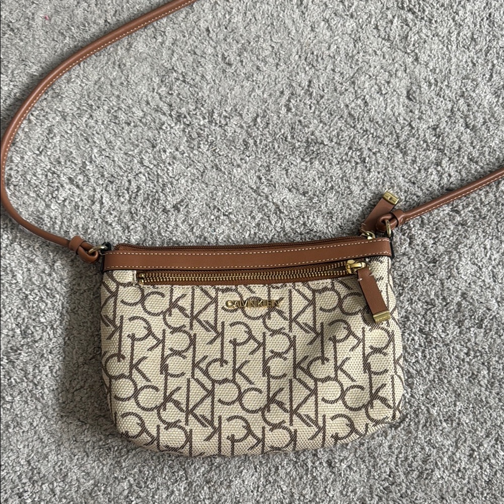 Calvin Klein Cream and Brown Crossbody Bag with Monogram Print